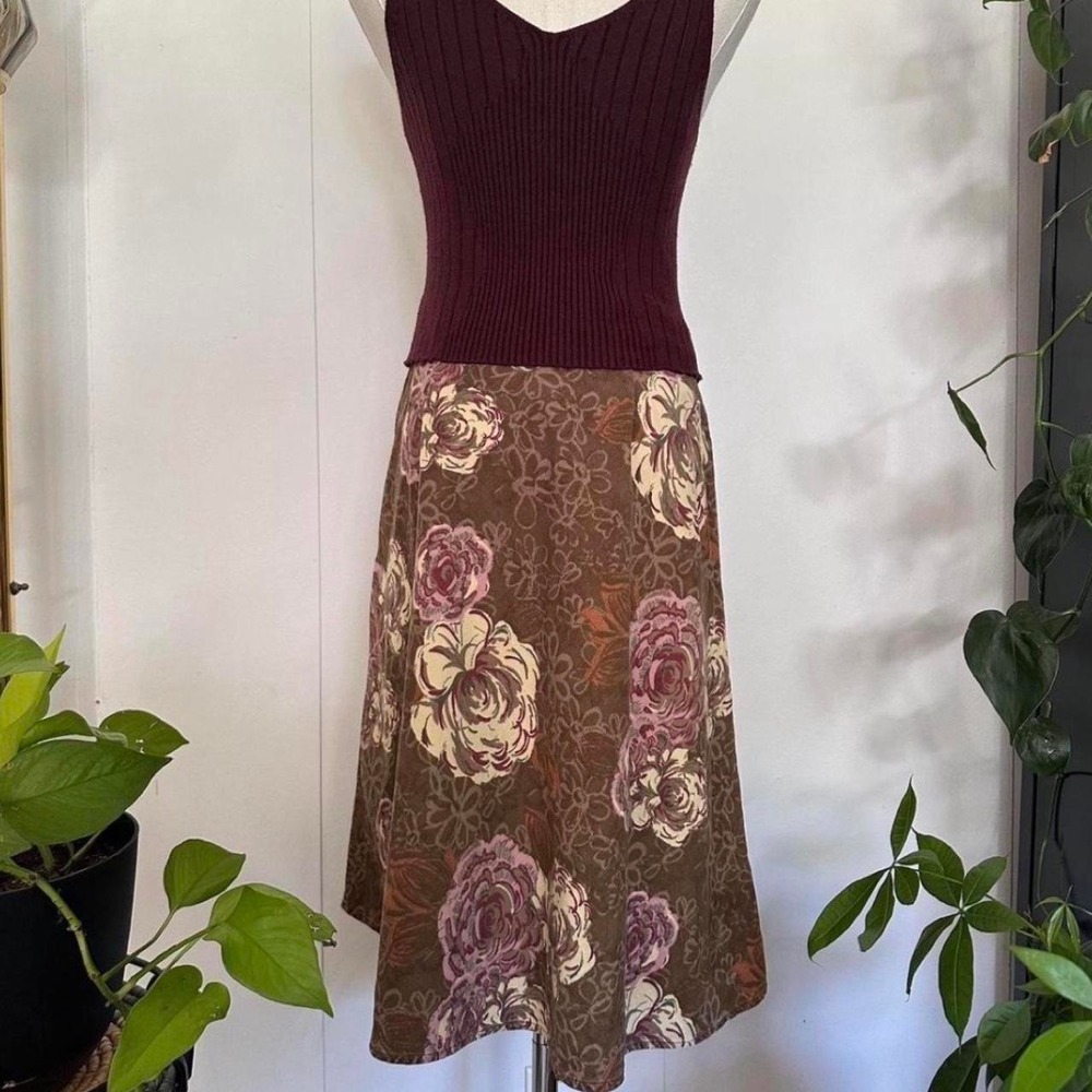 St Johns Bay Brown Floral Corduroy A-Line Midi Skirt Pink Rose Boho Size 4